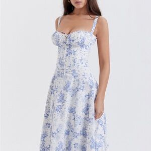 selling house of cb ‘carmen’ dress in blue floral print